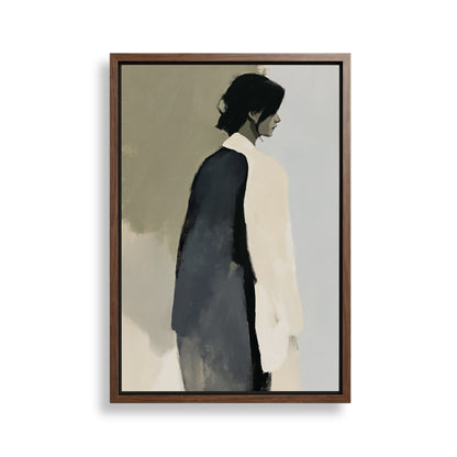 The image is a framed painting depicting a woman in a black and white color scheme.