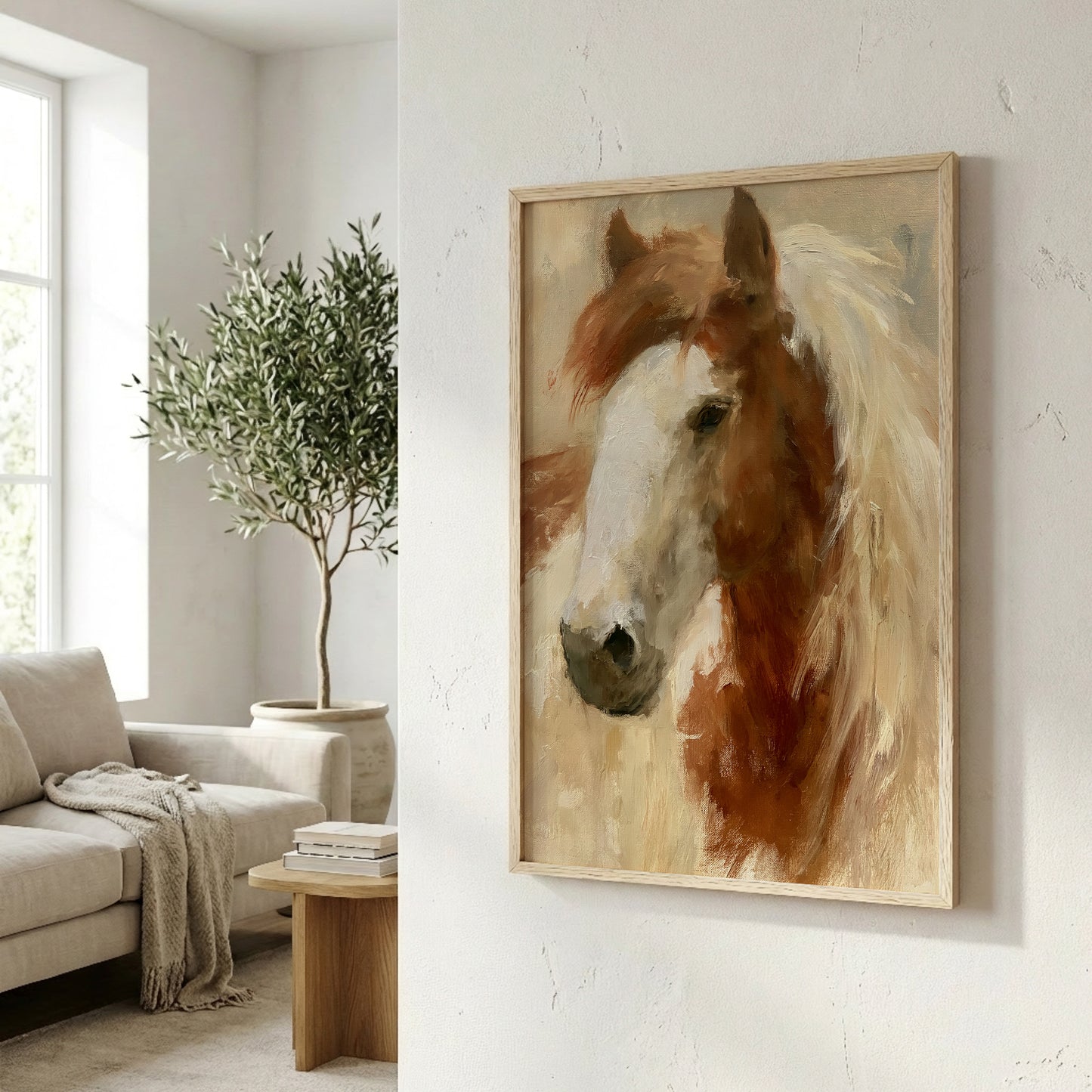 a large painting of a horse's face hanging on a white wall in a living room.