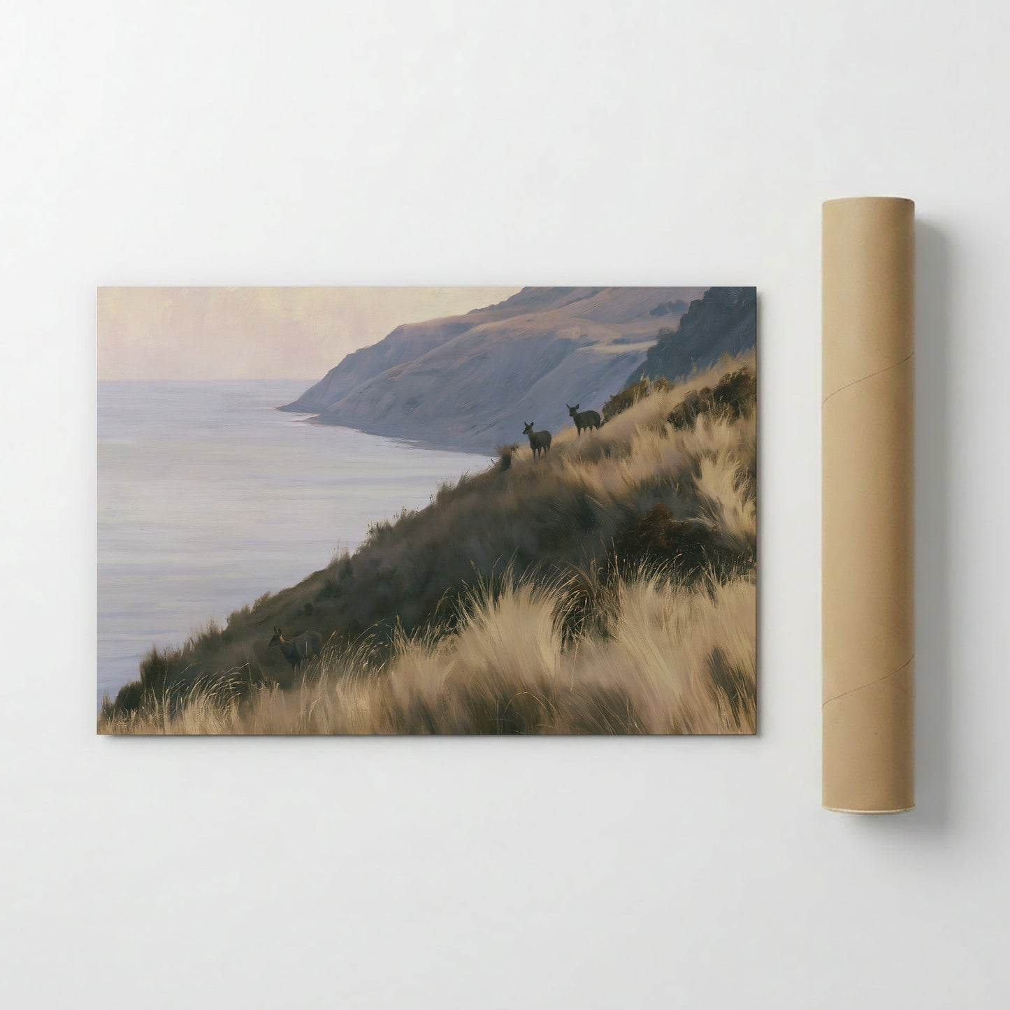 a serene landscape with a grassy hill overlooking a body of water, possibly a lake or ocean. Two deer can be seen standing on the hill, adding a sense of tranquility to the scene.