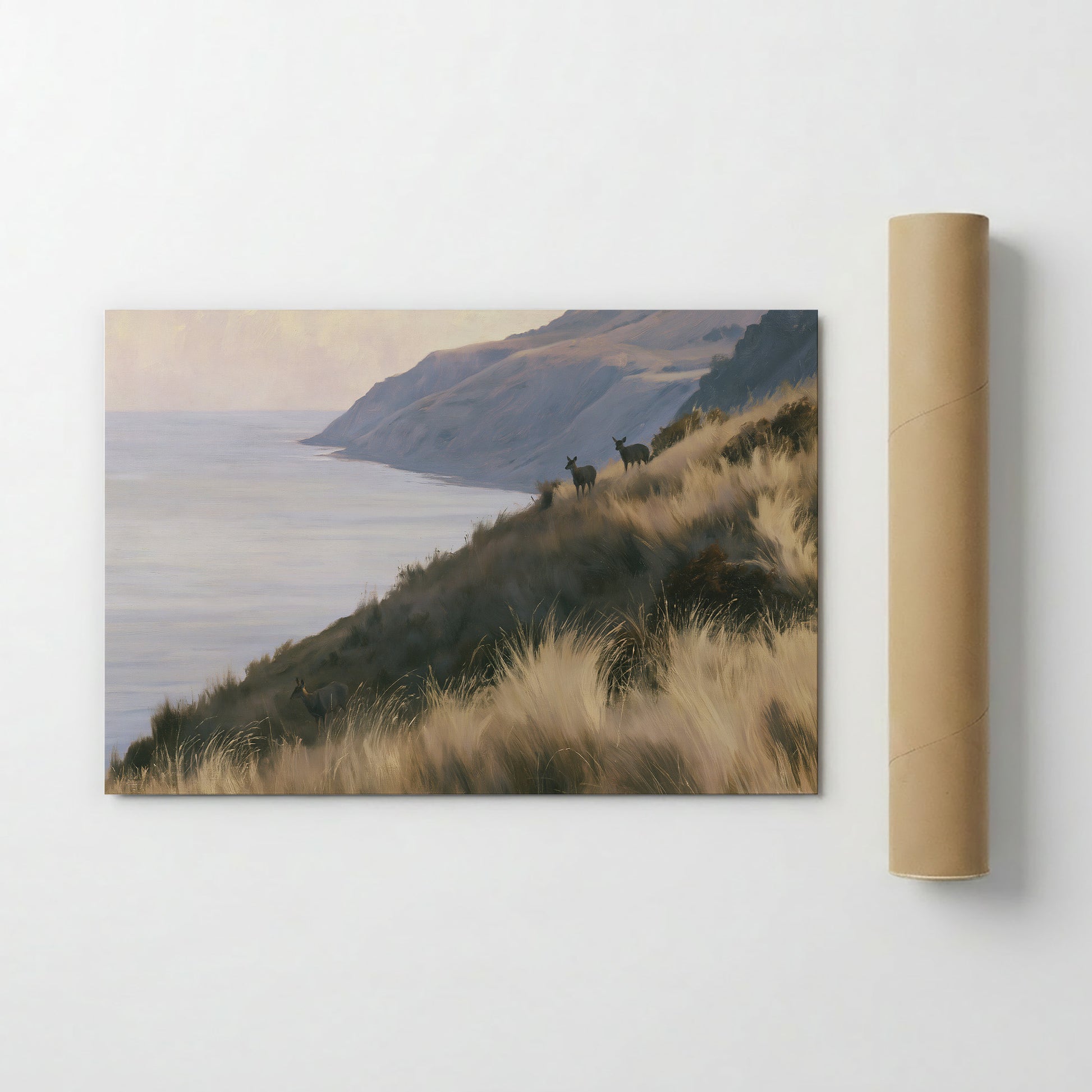 a serene landscape with a grassy hill overlooking a body of water, possibly a lake or ocean. Two deer can be seen standing on the hill, adding a sense of tranquility to the scene.