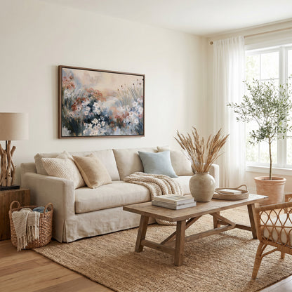 a cozy living room with a beige sofa, a wooden coffee table, and a large window with white curtains. A painting of flowers hangs on the wall above the sofa, and a basket is placed on the floor next to the sofa.