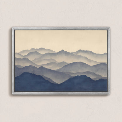 Veil canvas print featuring layered indigo and beige mountain silhouettes in a serene minimalist style