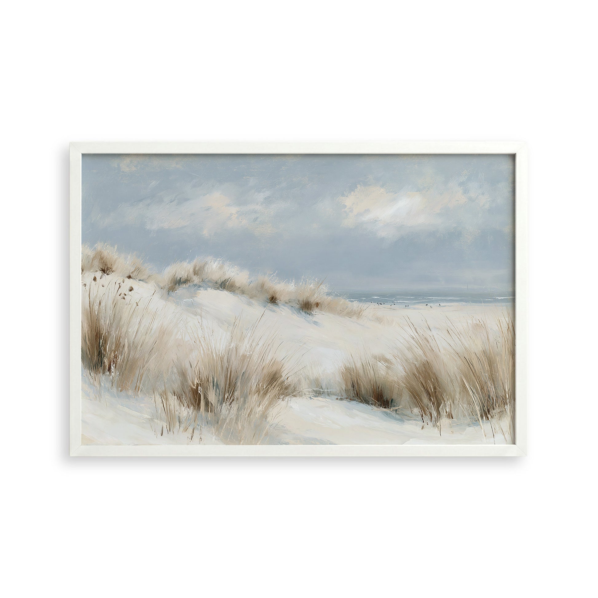 A painting of a serene landscape with a sandy beach, grassy dunes, and a cloudy sky.