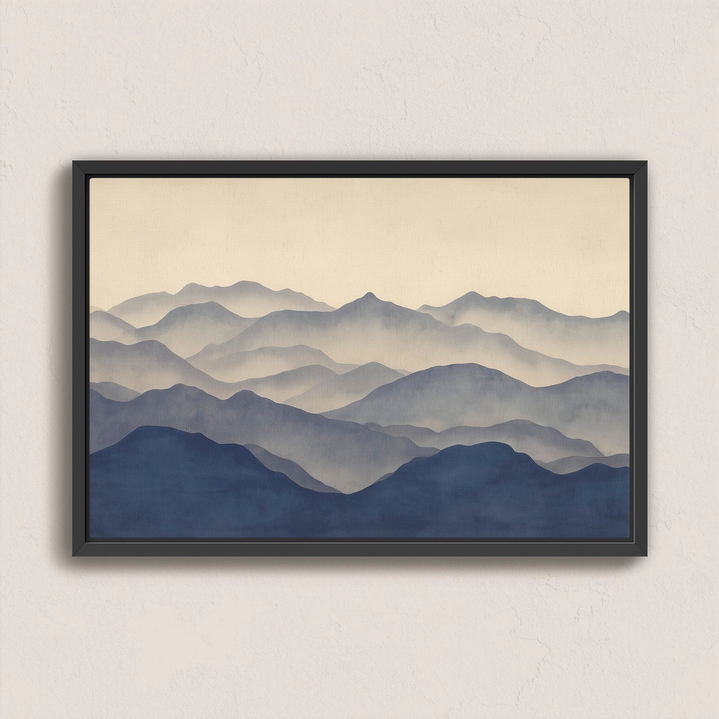 Veil canvas print of layered mountain silhouettes in indigo and beige tones with a black frame, minimalist landscape art for modern interiors