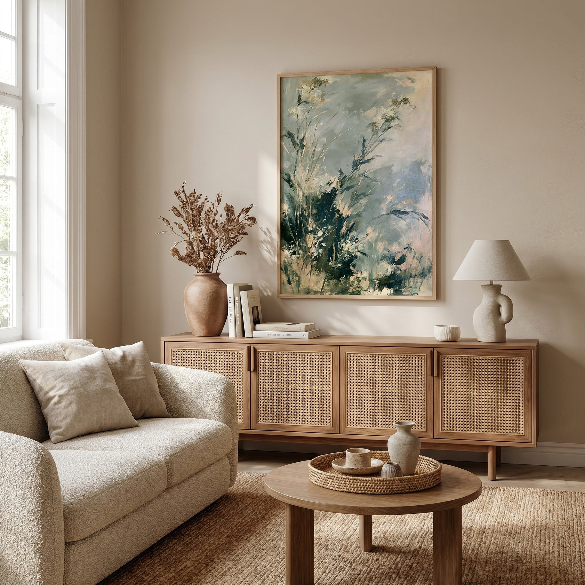 a cozy living room with a beige sofa, a wooden sideboard, and a large painting of a lush green plant hanging on the wall. The room is well-lit, with natural light coming in from a window on the left side. The furniture and decor create a harmonious and inviting atmosphere.