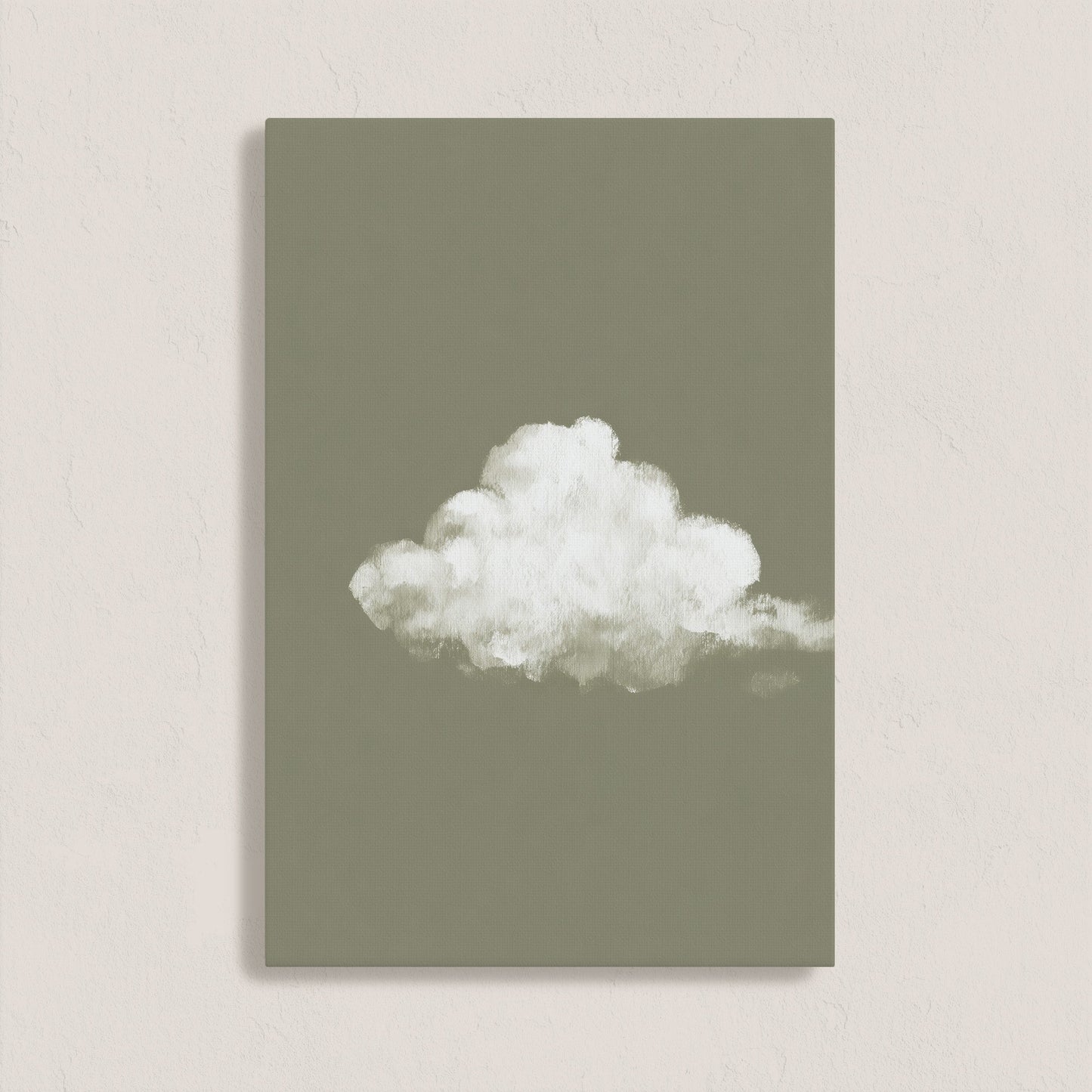 'Trace' Canvas Print featuring a single white cloud on a muted sage background, evoking calm and simplicity.