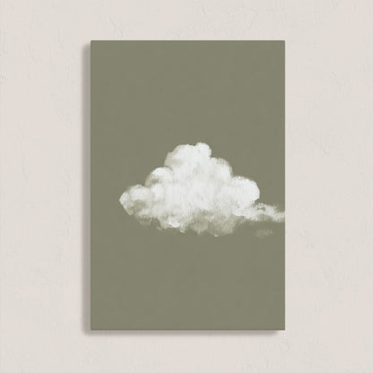 'Trace' Canvas Print featuring a single white cloud on a muted sage background, evoking calm and simplicity.