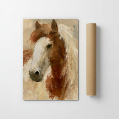 The image is a painting of a horse's head, depicting a close-up of the horse's face with a white mane and brown mane.