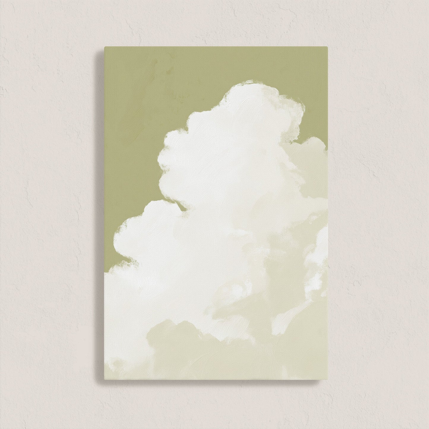 Rise Canvas Wall Art depicting a single white cloud ascending against a muted sage background, printed on archival-quality canvas.
