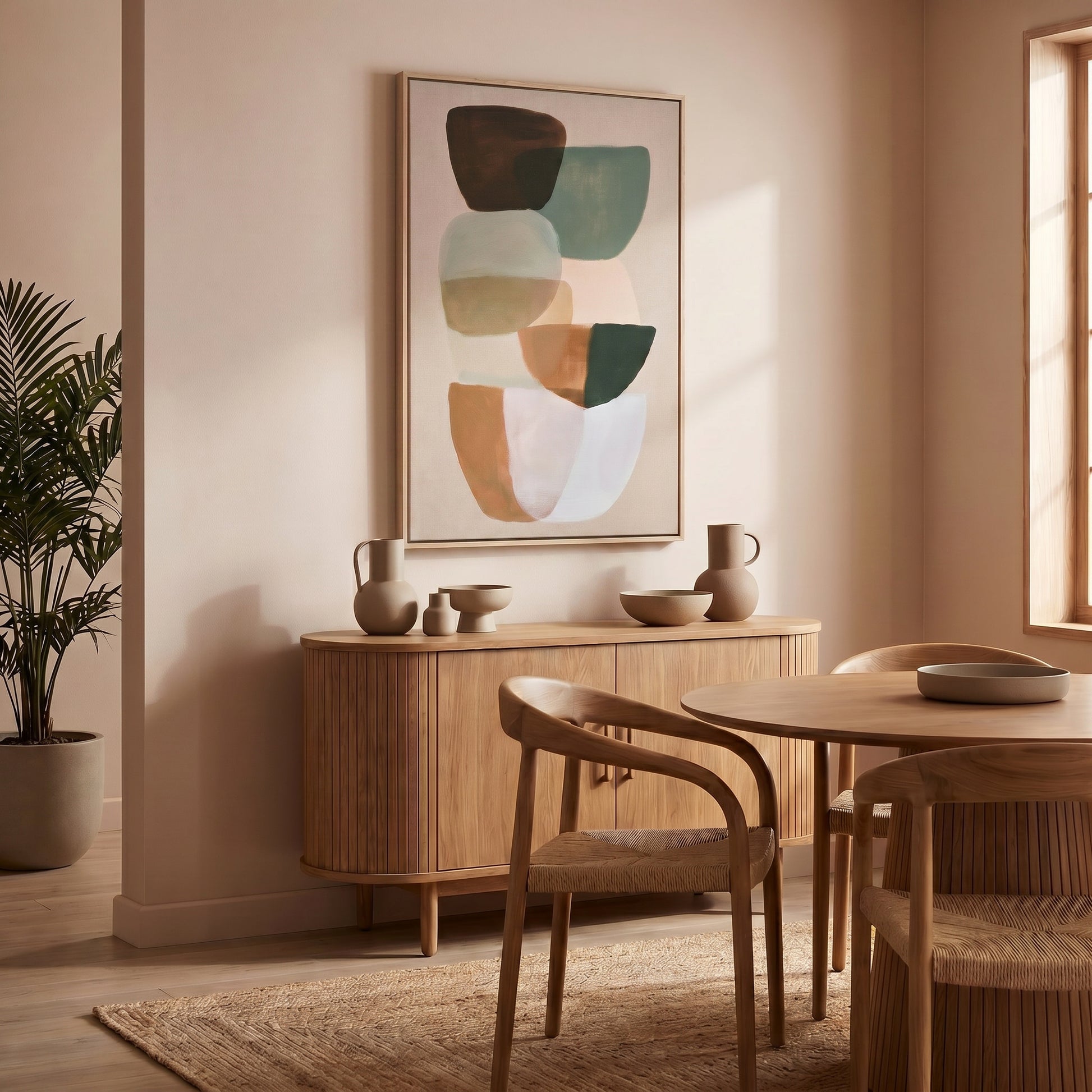 a modern dining room with a wooden table and chairs, a wooden cabinet, and a large abstract painting on the wall.
