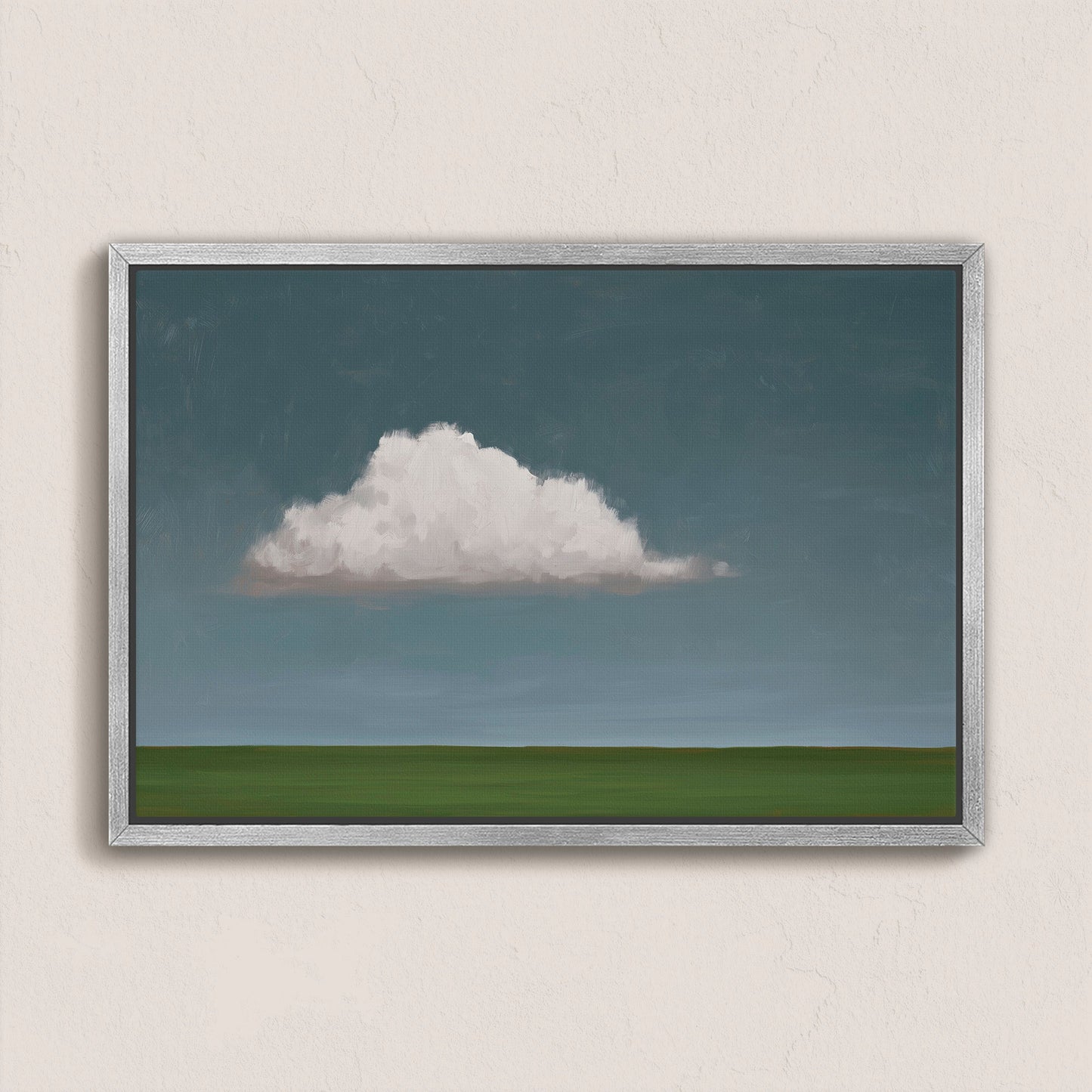 Eave Canvas Print featuring a single cloud over a green horizon in a minimalist style with muted tones and a silver frame