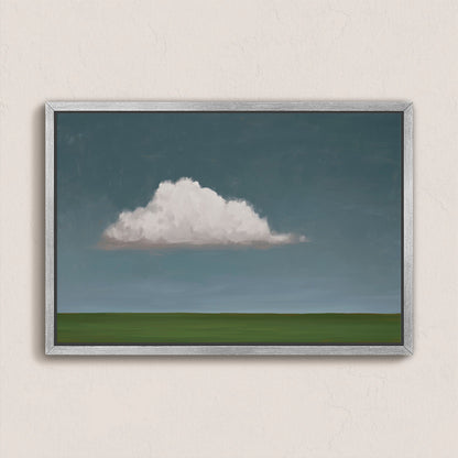 Eave Canvas Print featuring a single cloud over a green horizon in a minimalist style with muted tones and a silver frame