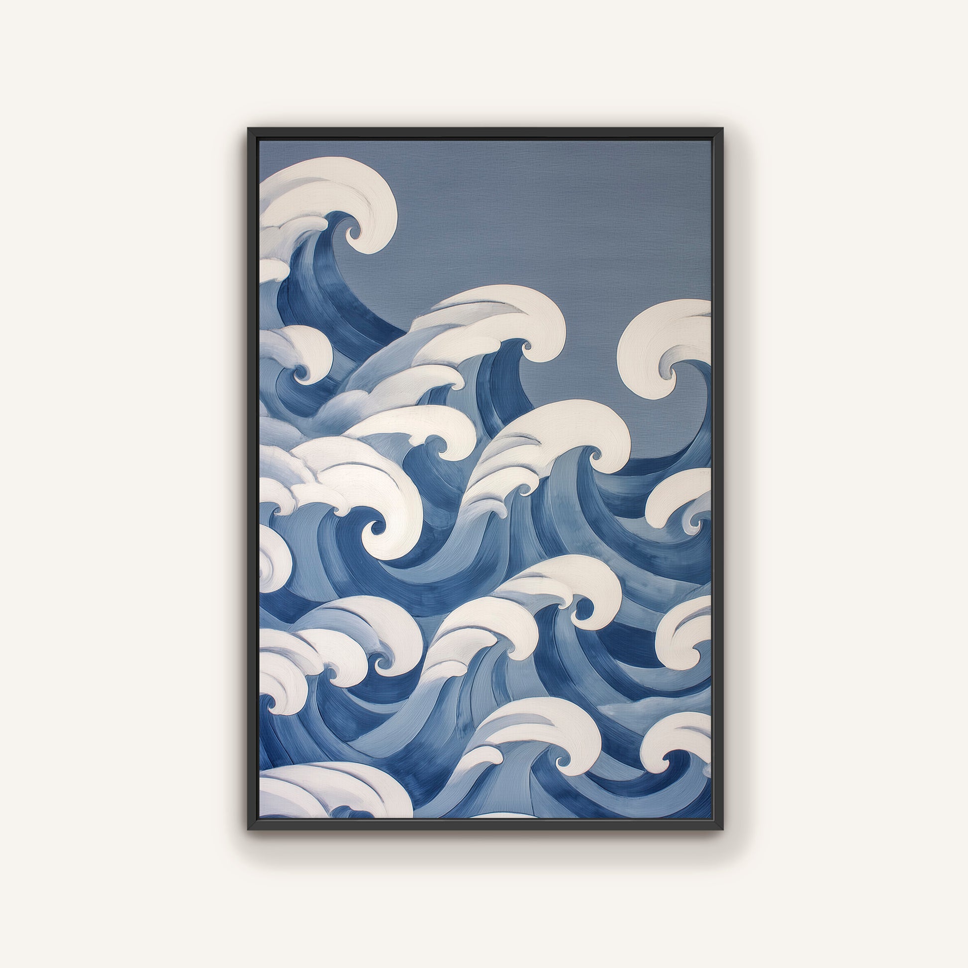 The image is a framed painting depicting a serene ocean scene with large, curling waves in shades of blue and white.