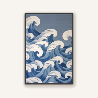 The image is a framed painting depicting a serene ocean scene with large, curling waves in shades of blue and white.