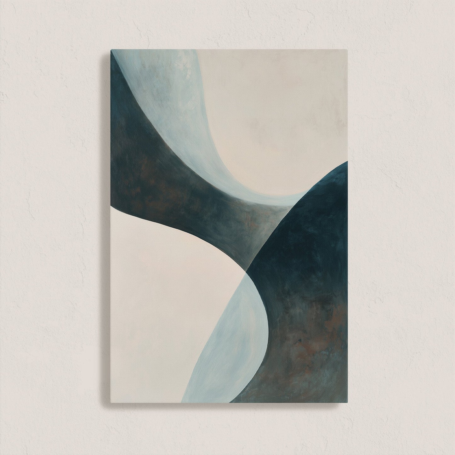 'Bend' canvas artwork featuring abstract soft curves in teal, cream, and earth tones for contemporary spaces.