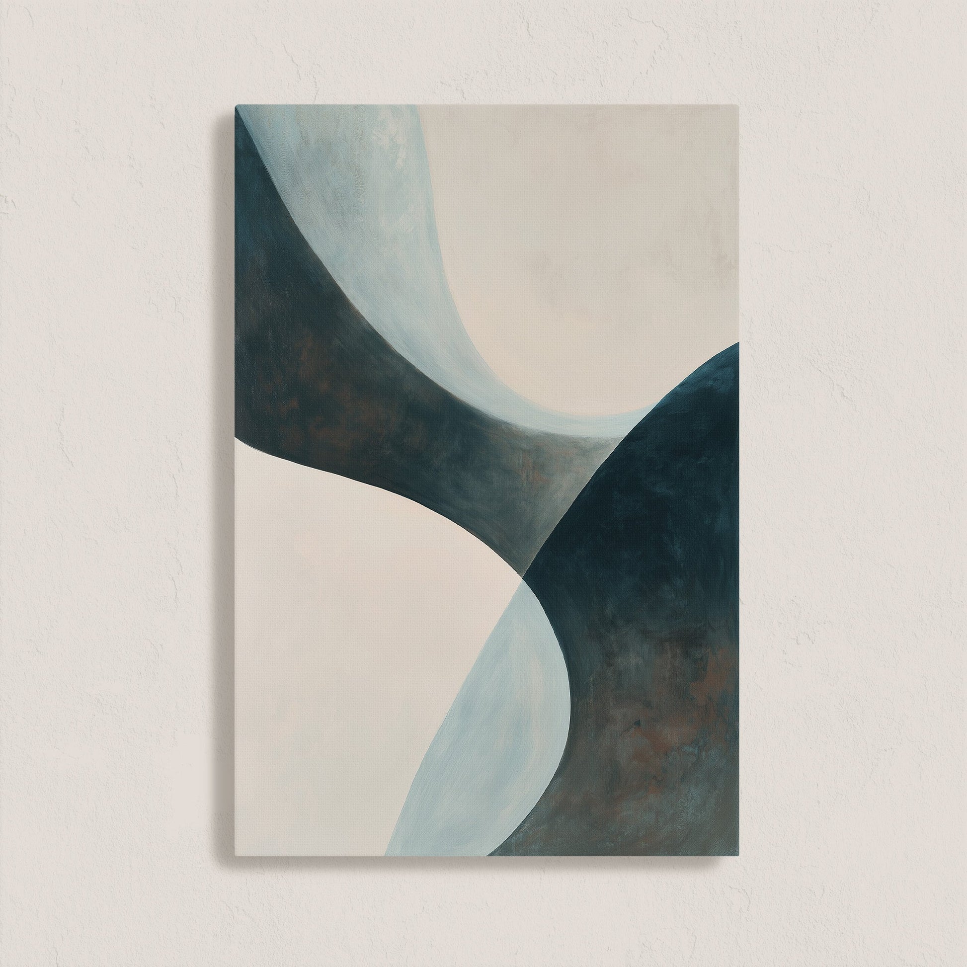 'Bend' canvas artwork featuring abstract soft curves in teal, cream, and earth tones for contemporary spaces.