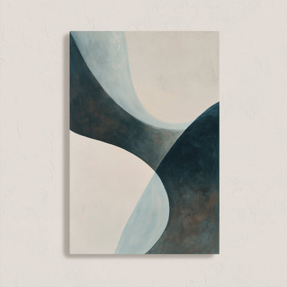 'Bend' canvas artwork featuring abstract soft curves in teal, cream, and earth tones for contemporary spaces.