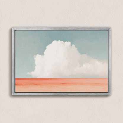 Aurea canvas wall art depicting a white cloud over coral desert horizon with soft blue sky in a gray frame