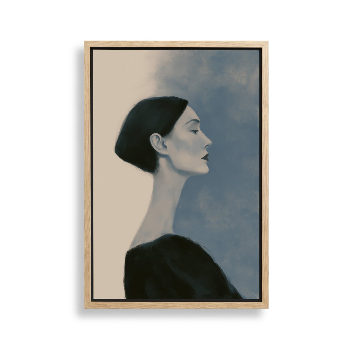 A black and white portrait of a woman with her head tilted to the side, wearing a black top.