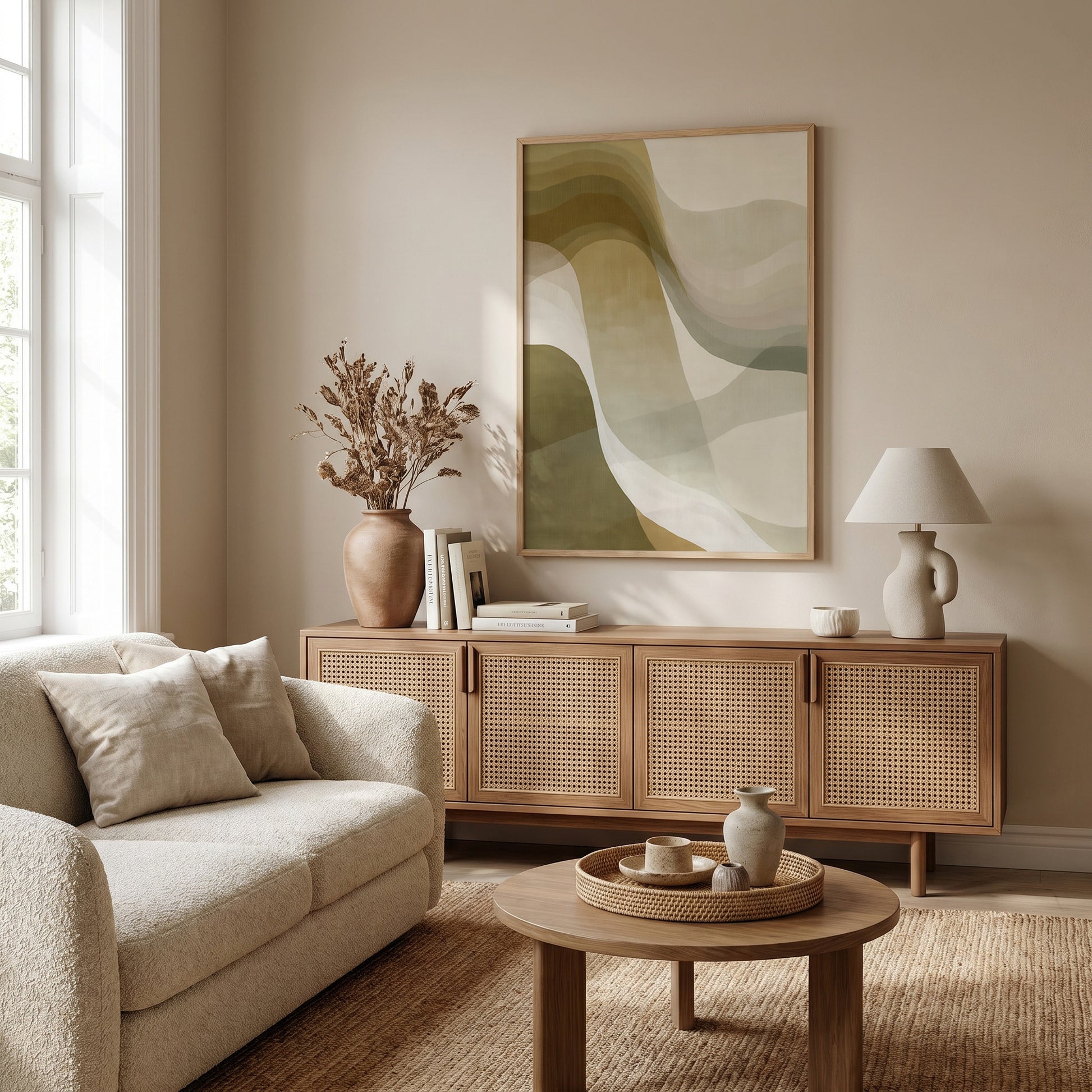 a cozy living room with a beige sofa, a wooden sideboard, and a large abstract painting on the wall. The room has a warm and inviting atmosphere, with natural light coming in from a window and a vase of dried flowers on the sideboard.