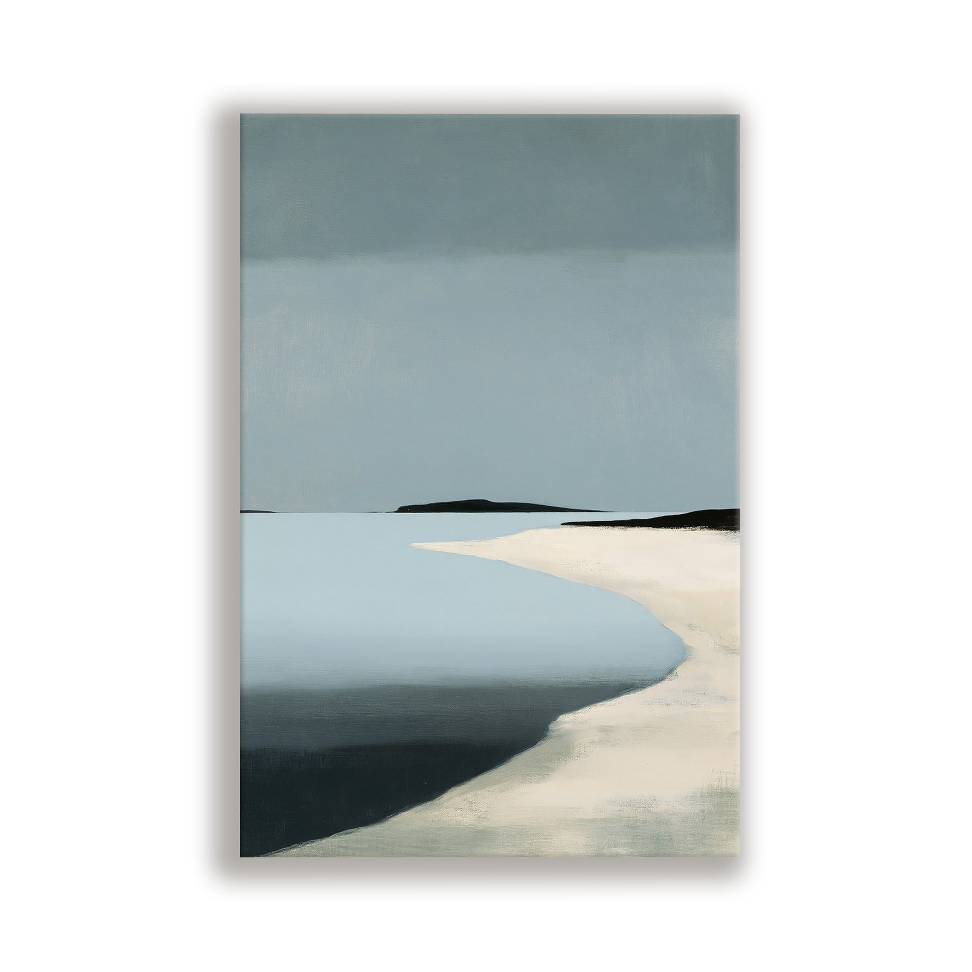 a serene landscape with a calm body of water and a sandy beach in the foreground.