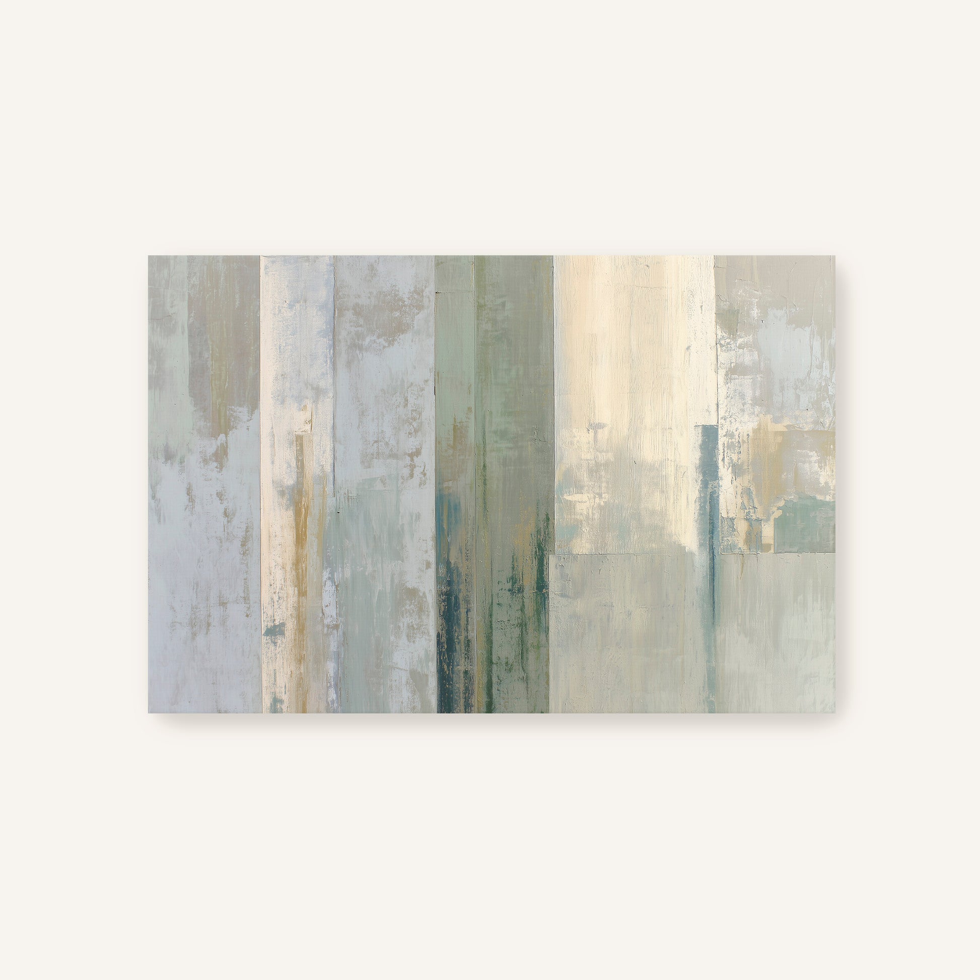 The image is a rectangular abstract painting with a minimalist and modern style. It features vertical lines and stripes in various shades of gray and white, creating a sense of depth and dimension. The overall composition is simple and clean, with a focus on the interplay of light and shadow.