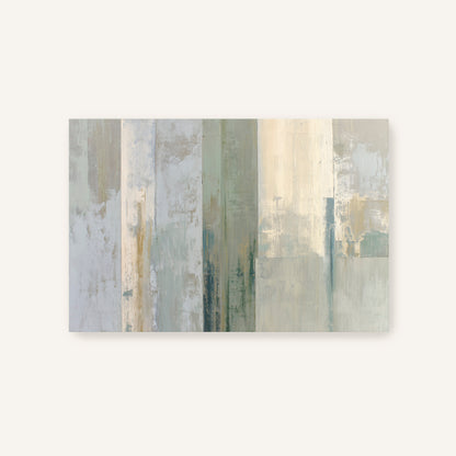 The image is a rectangular abstract painting with a minimalist and modern style. It features vertical lines and stripes in various shades of gray and white, creating a sense of depth and dimension. The overall composition is simple and clean, with a focus on the interplay of light and shadow.