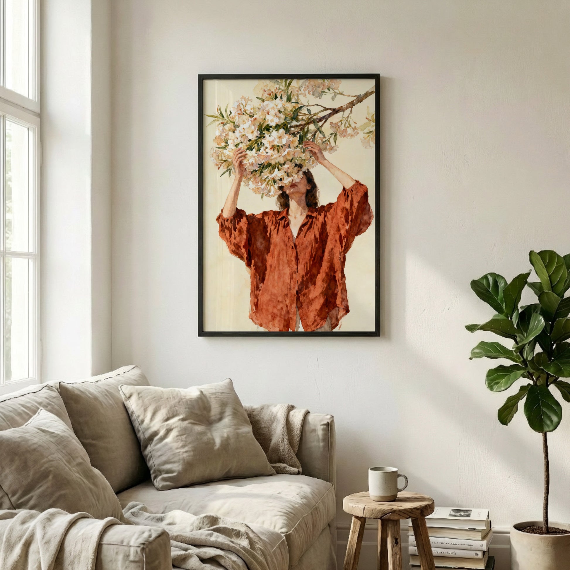a woman standing in a room with a potted plant and a framed painting of a woman holding a branch of flowers.