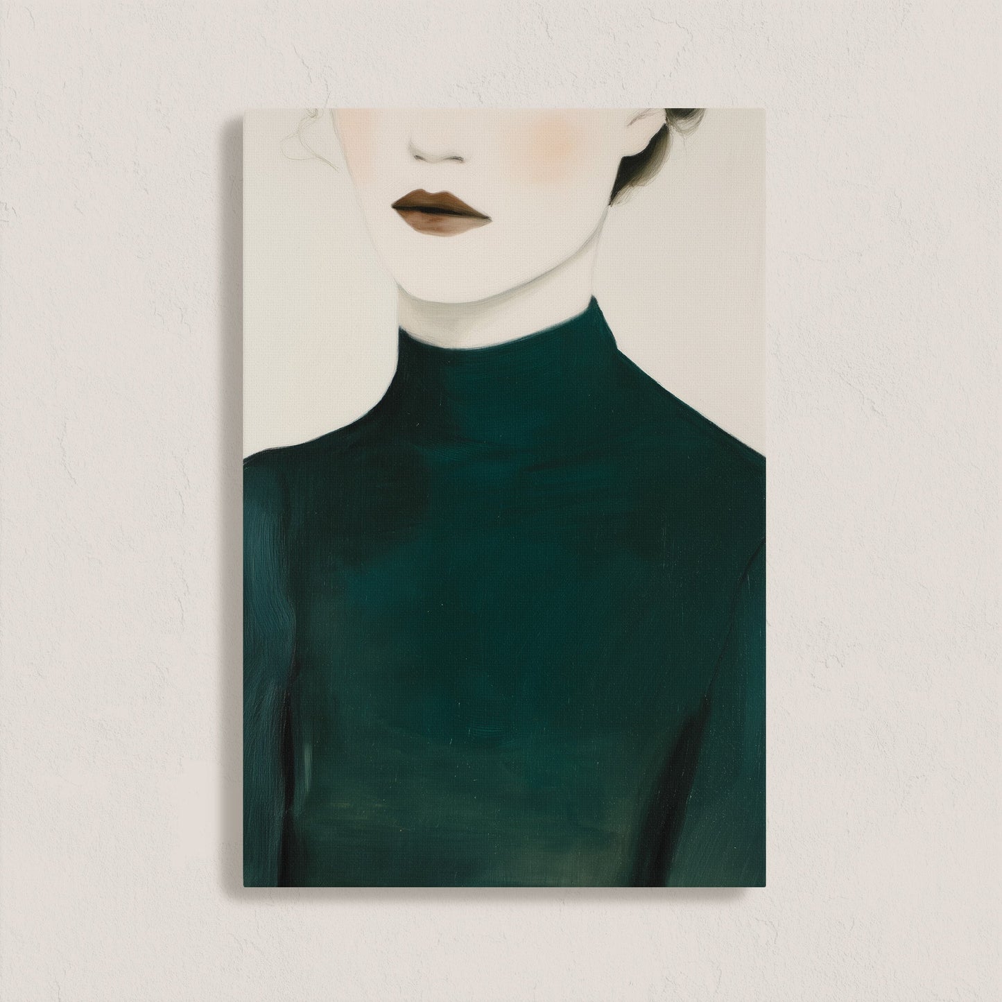 Minimalist Poise canvas print featuring a faceless figure in deep emerald turtleneck conveying elegance and quiet confidence.