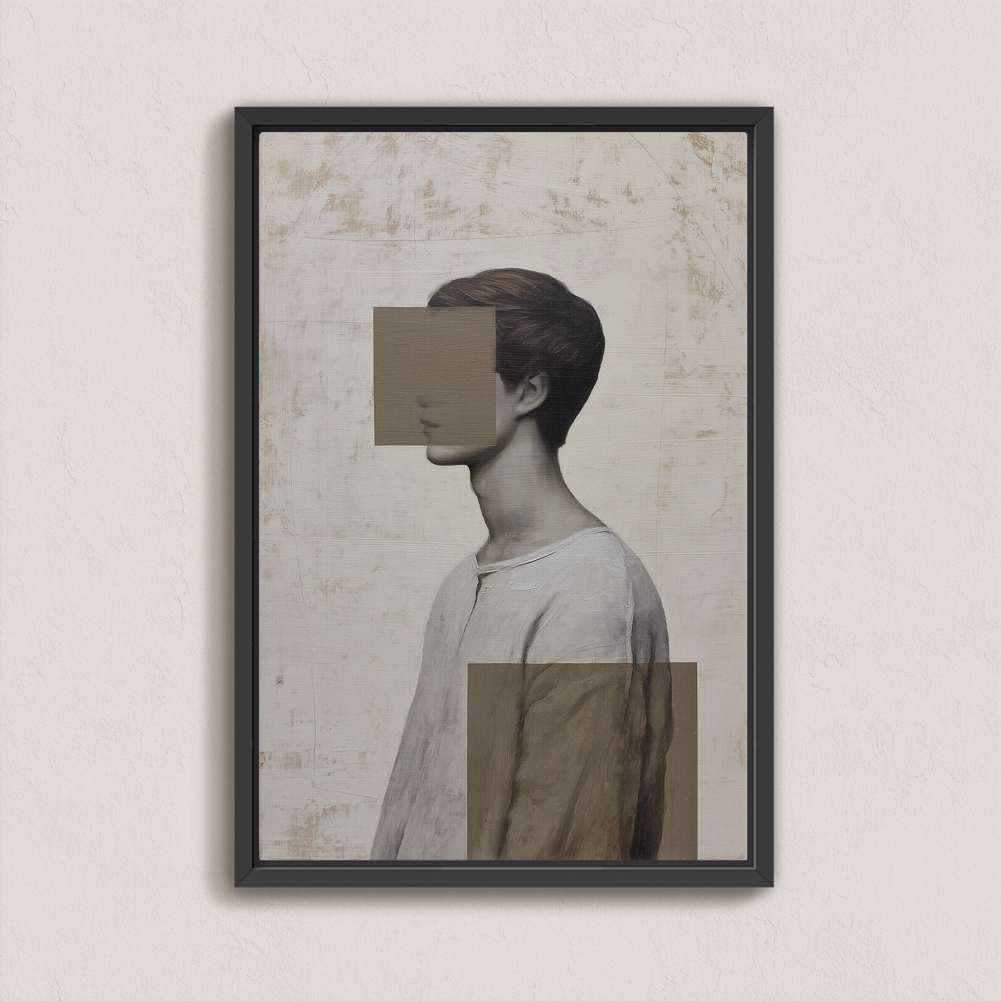 Masked canvas print portrait blending identity and abstraction with muted tones and geometric shapes in a black frame