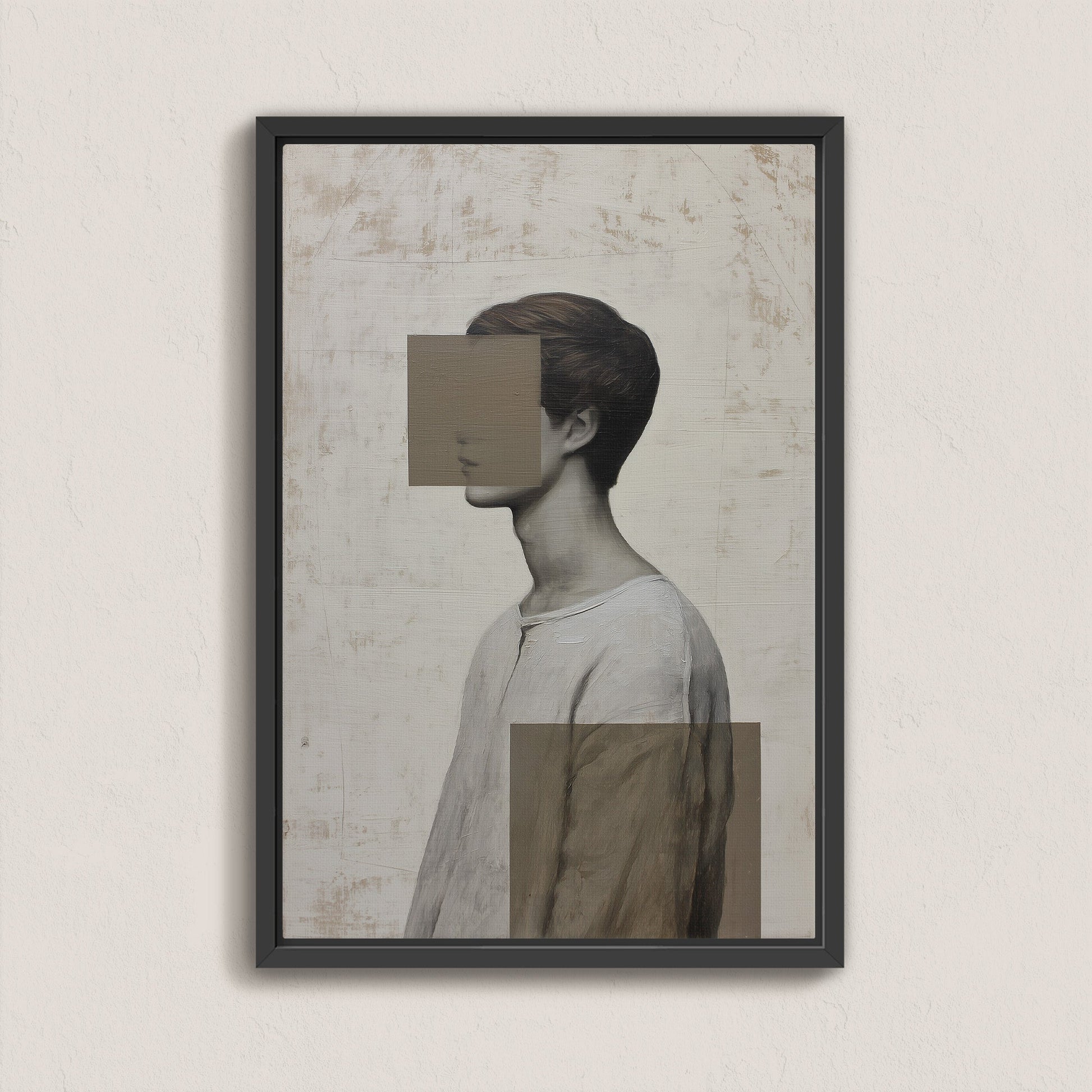 Masked canvas print portrait blending identity and abstraction with muted tones and geometric shapes in a black frame