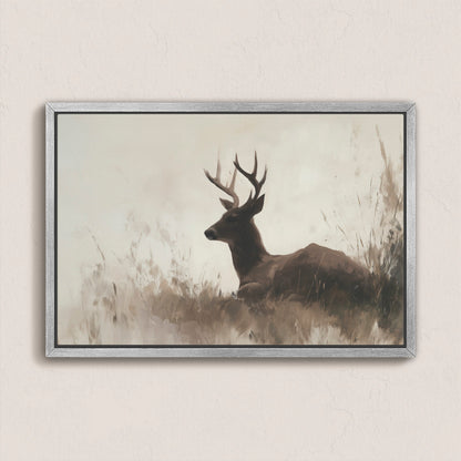Haven Canvas Print of a resting deer in soft grasses with neutral tones, framed in light wood