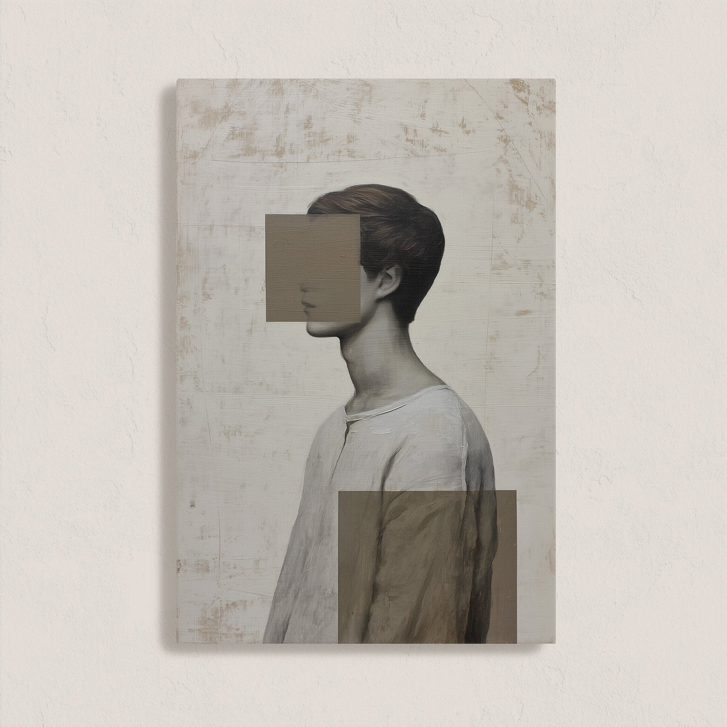 Masked Canvas Print abstract portrait with geometric blocks and muted tones on archival-grade canvas