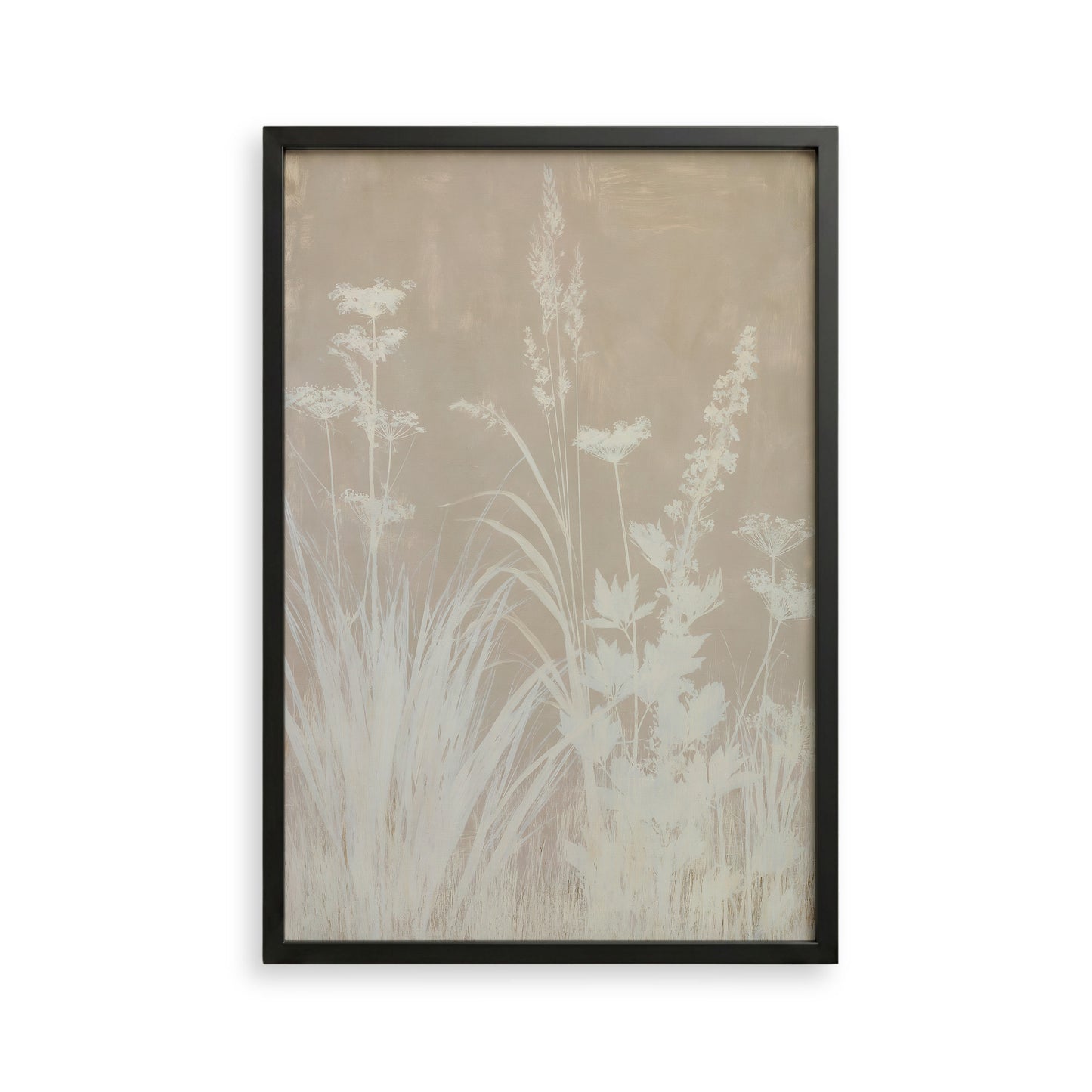 The image is a framed artwork depicting a field of tall grasses and plants, with a neutral color palette and a minimalist design.