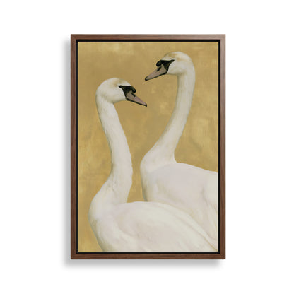 Two elegant white swans with long necks and black beaks are depicted in a framed artwork against a golden background.