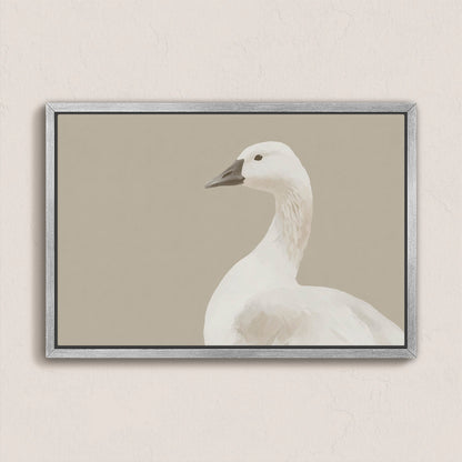 Grace Canvas Print of a white bird in soft cream and beige tones on neutral background, framed in silver, perfect for minimalist and modern decor.