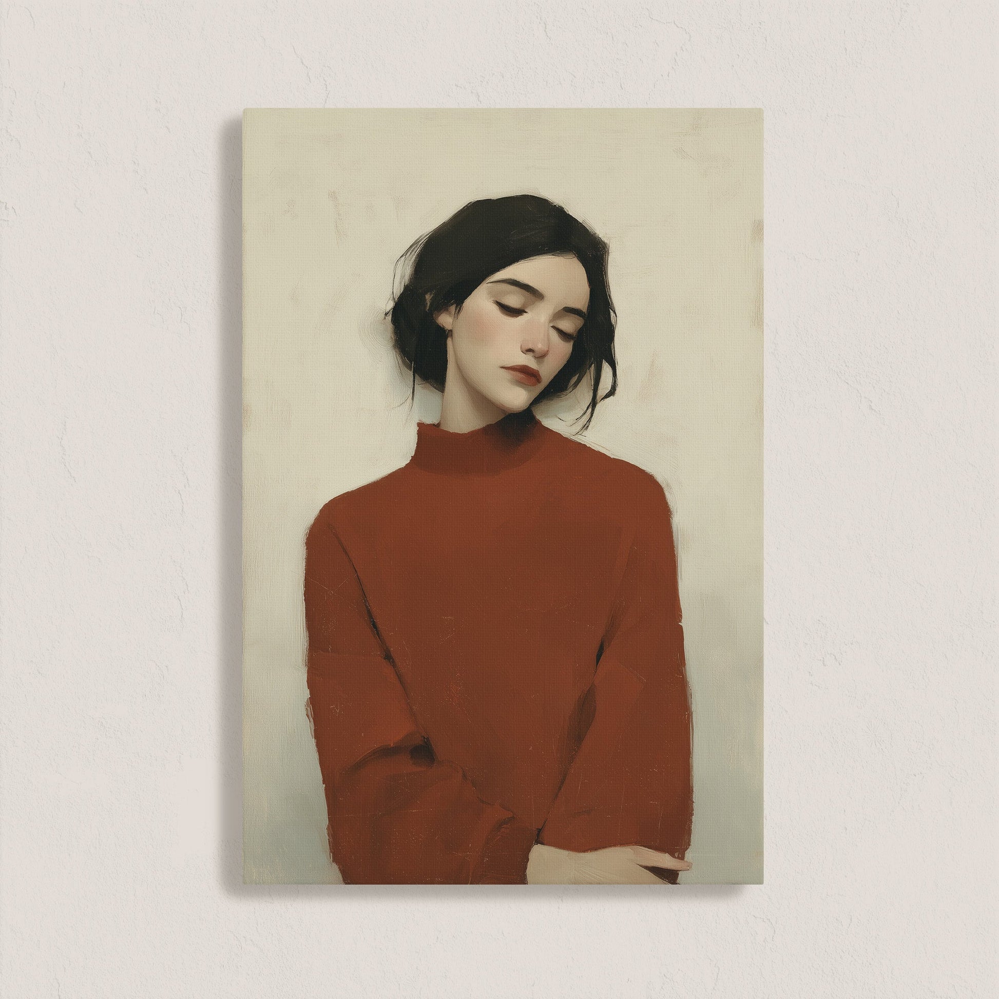 Madi canvas wall art featuring a serene woman in a deep red sweater with soft, muted tones for modern minimalist decor