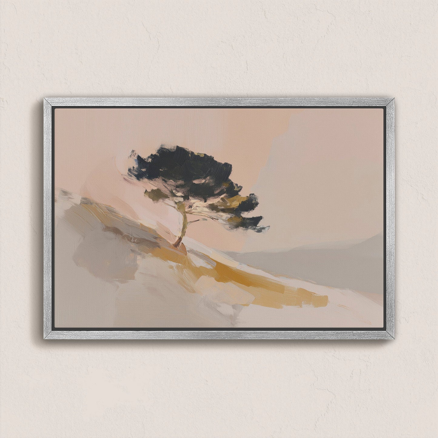 Arbor canvas wall art featuring a lone pine tree on a sunlit hillside with warm neutral tones in a silver frame