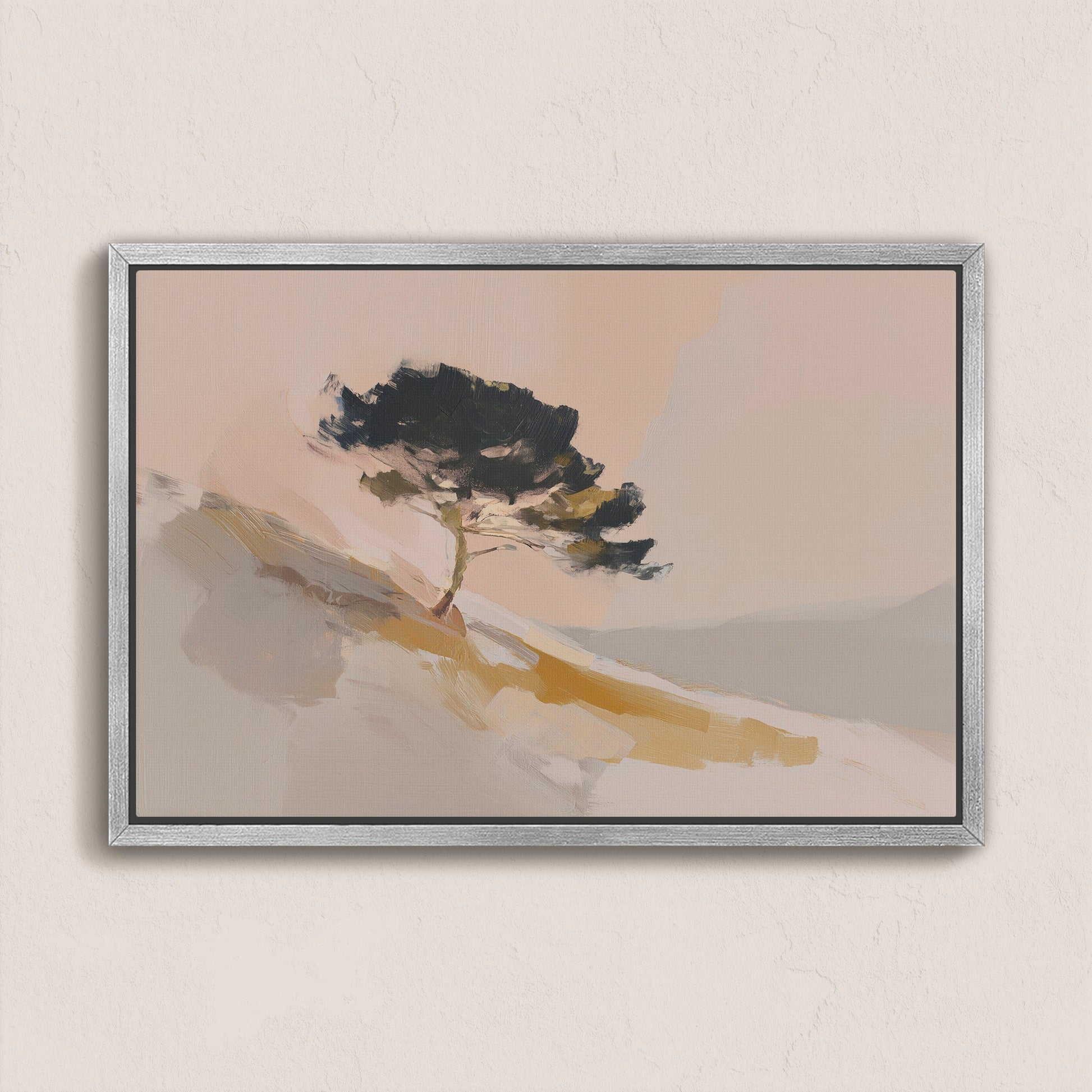 Arbor canvas wall art featuring a lone pine tree on a sunlit hillside with warm neutral tones in a silver frame