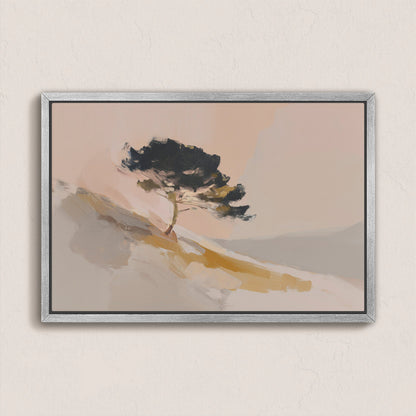 Arbor canvas wall art featuring a lone pine tree on a sunlit hillside with warm neutral tones in a silver frame