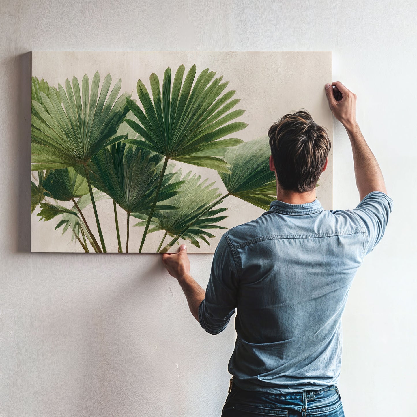A man is hanging a large painting of green palm leaves on a wall.