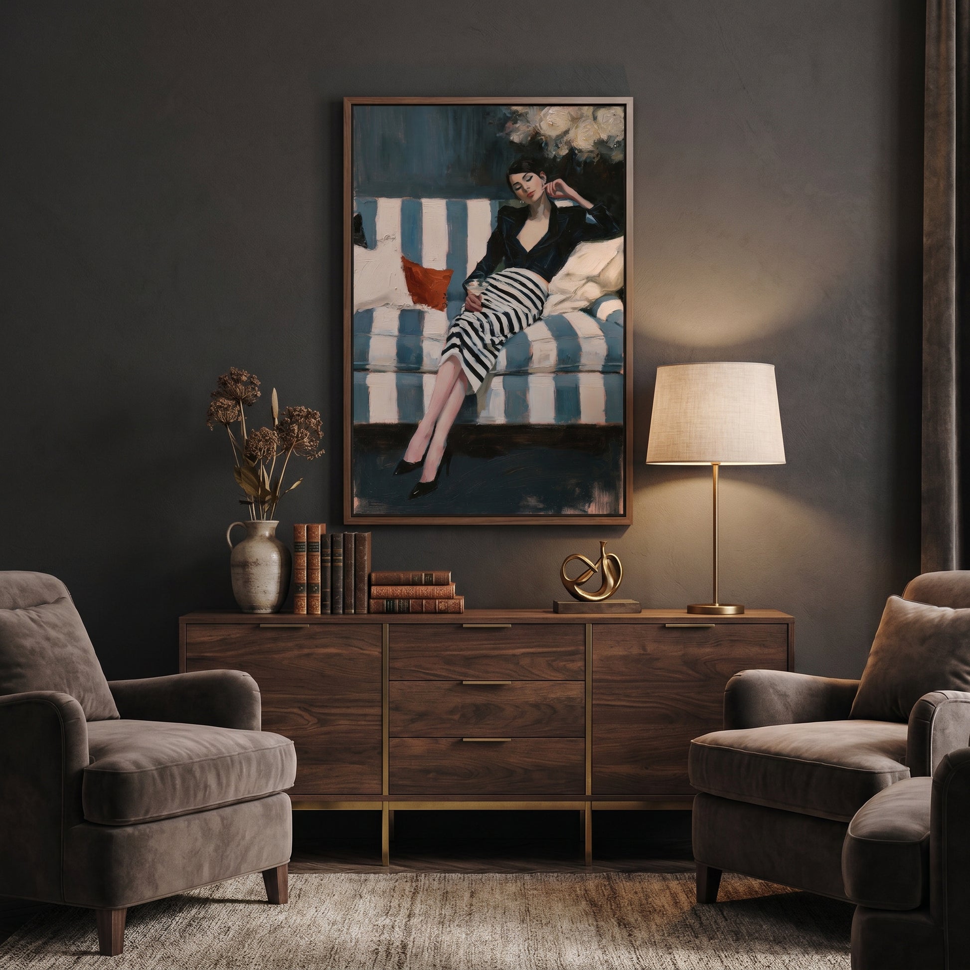 a living room with a large painting of a woman sitting on a striped couch, surrounded by various decorative elements such as a vase of flowers, books, and a lamp.