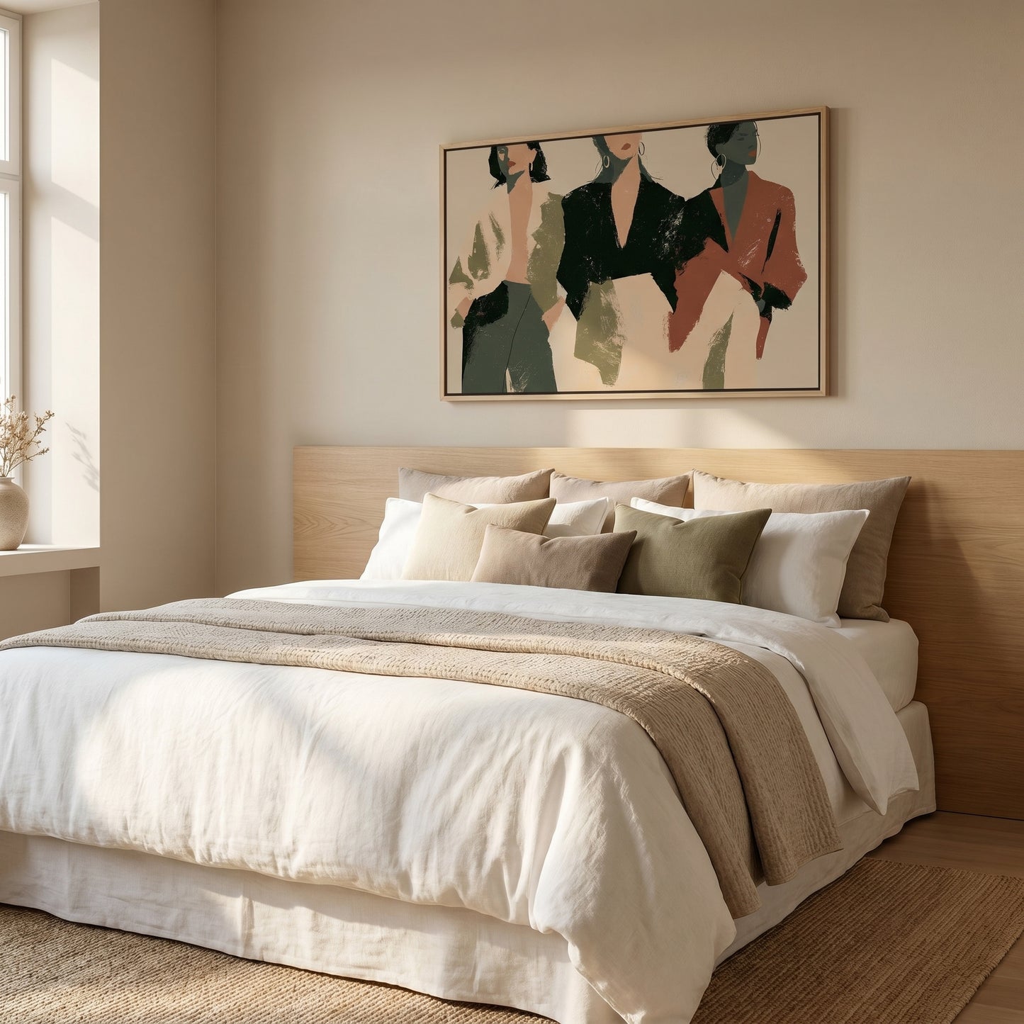 a serene and well-decorated bedroom with a large bed, a wooden headboard, and a framed abstract artwork hanging above it.