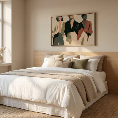 a serene and well-decorated bedroom with a large bed, a wooden headboard, and a framed abstract artwork hanging above it.