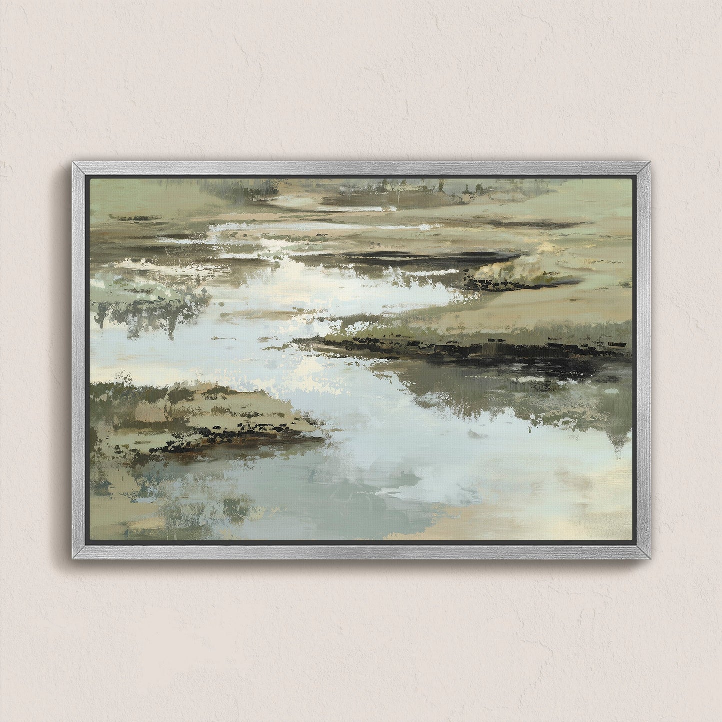 Reed canvas print abstract landscape in sage, sand, and ivory tones with serene water and earth design