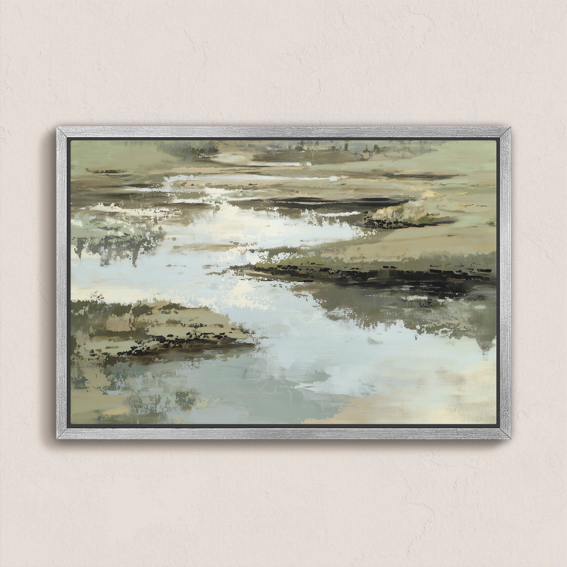 Reed canvas print abstract landscape in sage, sand, and ivory tones with serene water and earth design