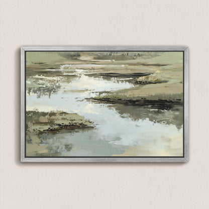 Reed canvas print abstract landscape in sage, sand, and ivory tones with serene water and earth design