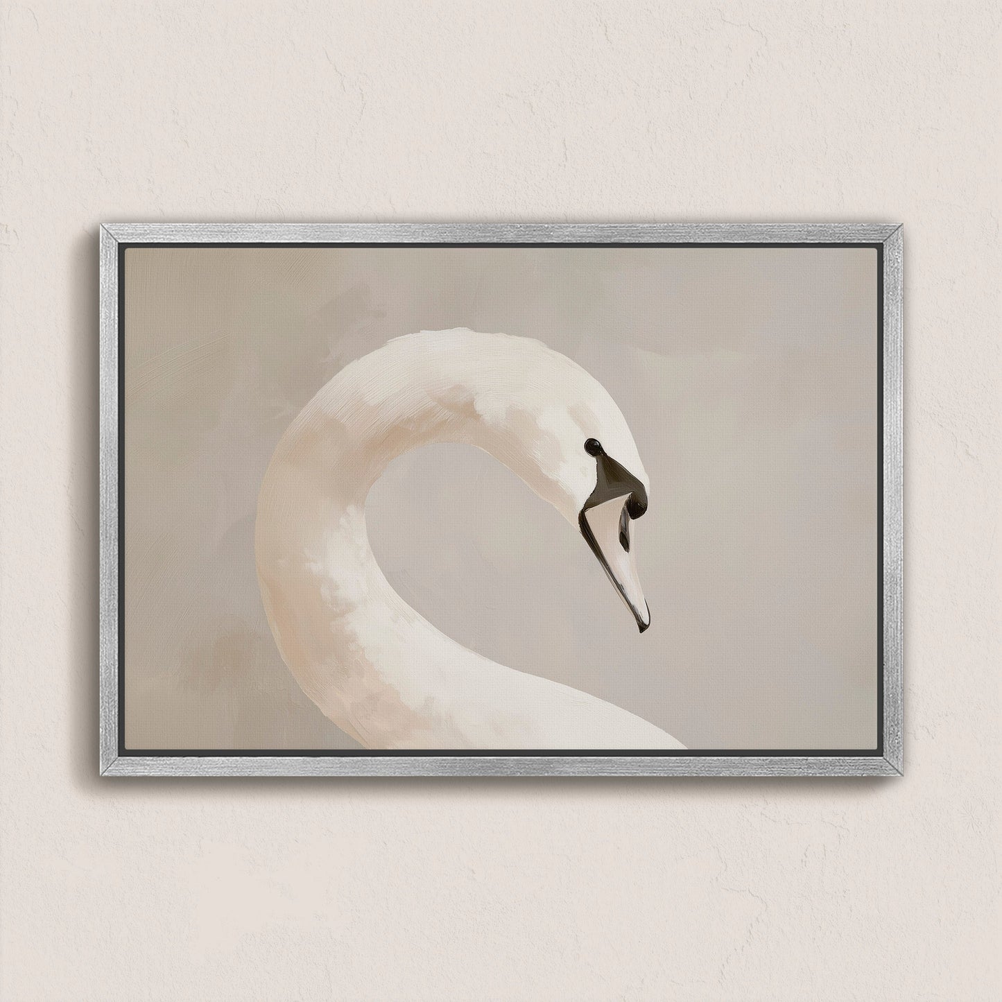 Lumine Canvas Print featuring a minimalistic swan with muted tones and soft light in a silver frame