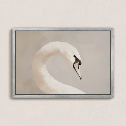 Lumine Canvas Print featuring a minimalistic swan with muted tones and soft light in a silver frame