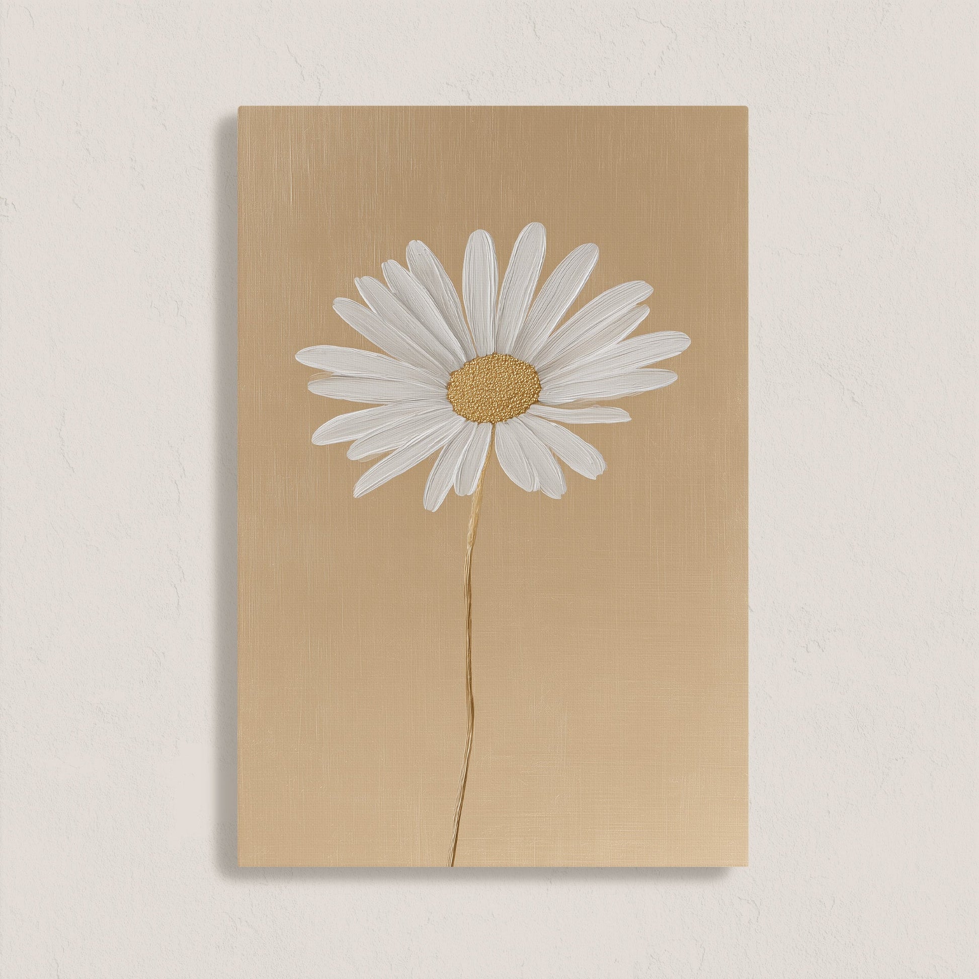 'Bloom' canvas print featuring a single white daisy on a golden-beige background, archival-quality gallery wrapped artwork.